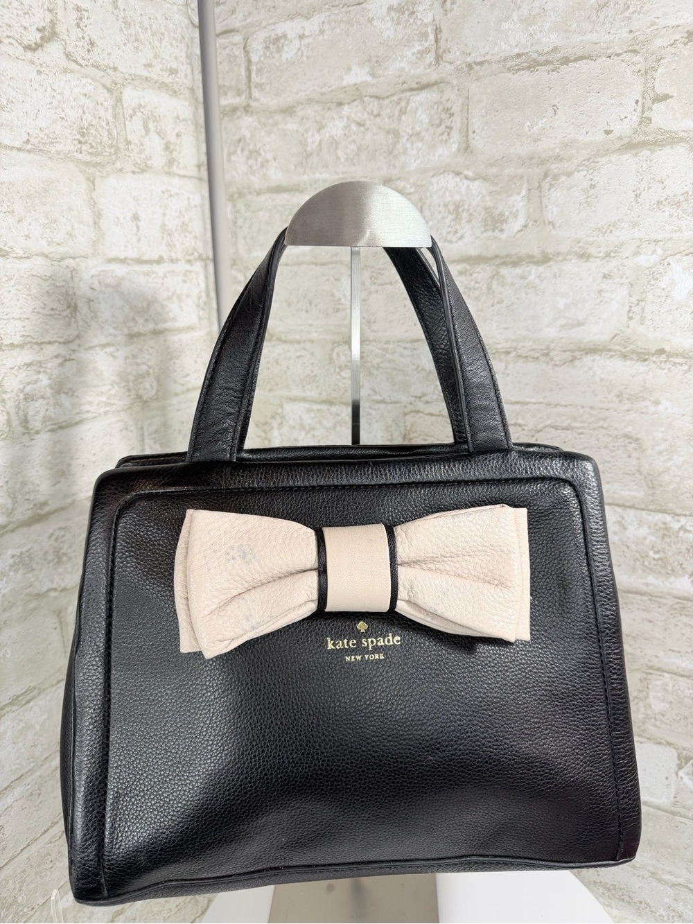 kate spade Black Leather Satchel with Cream Bow